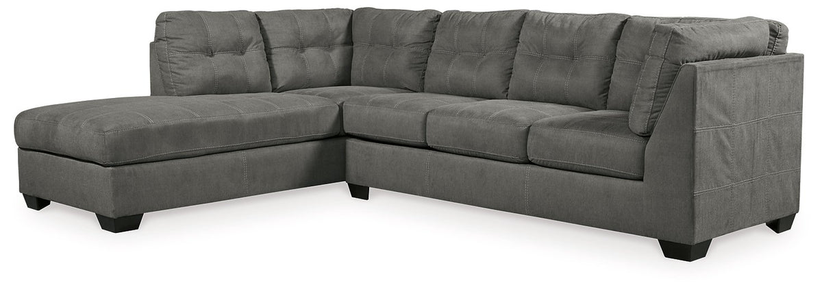 Ashley Furniture Pitkin 2-piece sectional with chaise, beige fabric, modern design, with cushions and wooden legs.