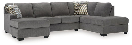 Ashley Furniture Riverfield sectional with chaise, showing a modern fabric sofa with a spacious chaise lounge, angled view.