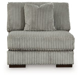 Ashley Furniture Lindyn sectional with chaise, showing a head-on view of the modern fabric sofa and chaise lounge arrangement.