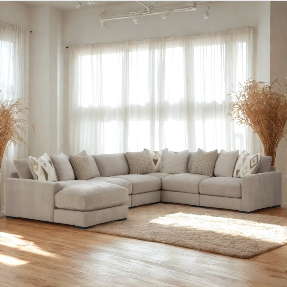 Ashley Furniture Riverview 6-piece corner sectional with chaise, featuring plush cushions and modern design for comfortable living space.