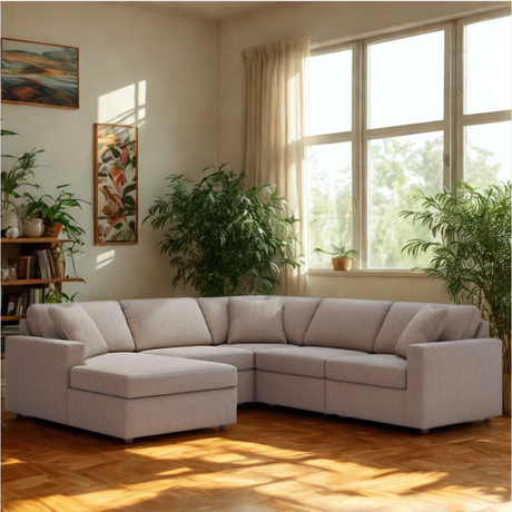 Ashley Furniture Modmax corner sectional with left chaise, 5-piece living room sofa set, featuring plush cushions and modern design.