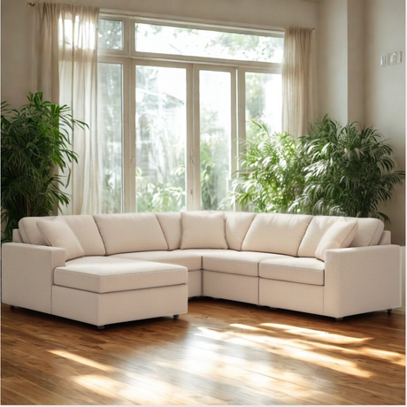 Ashley Furniture Modmax corner sectional with chaise, 5-piece living room set, featuring oyster fabric and a left chaise design.