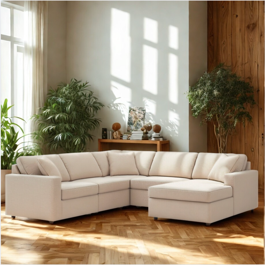 Ashley Furniture Modmax corner sectional with chaise, oyster fabric, left chaise, 5-piece living room set, modern and comfortable.