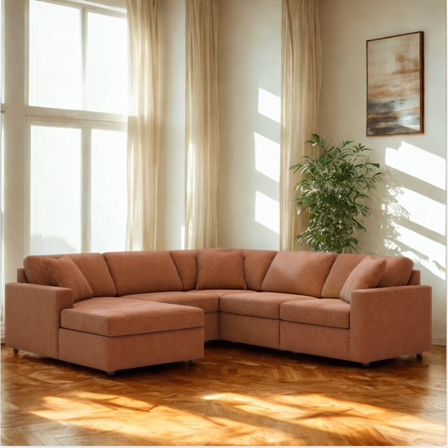 Ashley Furniture Modmax corner sectional with chaise, oyster fabric, left chaise, 5-piece living room sectional set.