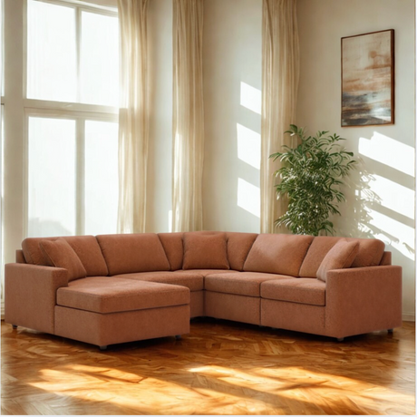 Ashley Furniture Modmax corner sectional with chaise, oyster fabric, left chaise, 5-piece living room sectional set.