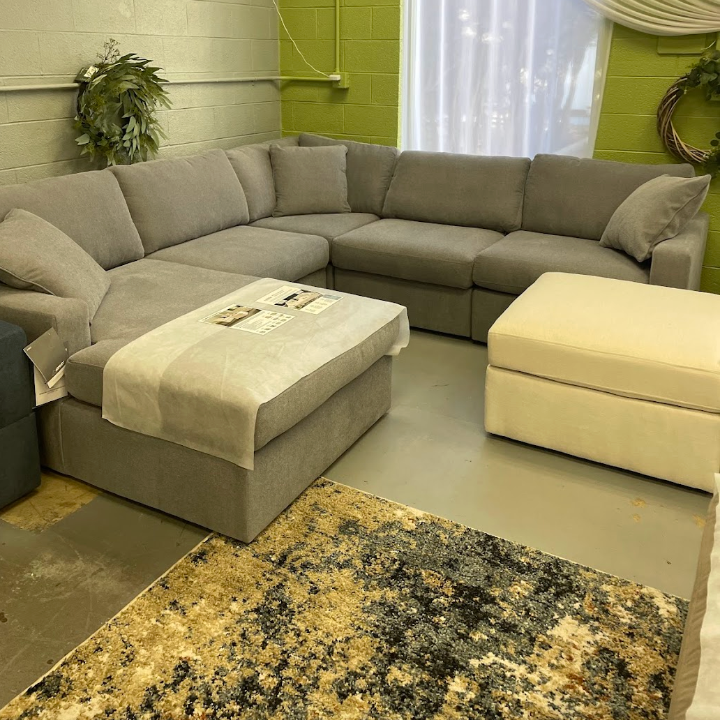 Ashley Furniture Modmax corner sectional with chaise, oyster fabric, left chaise, 5-piece living room sofa set, modern design.