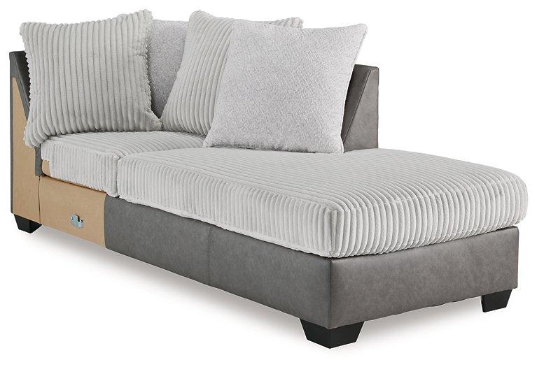 Ashley Furniture Clairette sectional with chaise in neutral fabric, featuring plush cushions and modern design.
