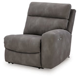 Ashley Furniture Next-Gen DuraPella power reclining sectional shown from an angled view with plush cushions and dark fabric upholstery.
