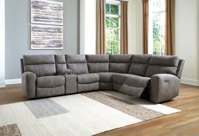 Ashley Furniture Next-Gen DuraPella power reclining sectional with multiple seats and plush cushions, open view of the sectional layout.