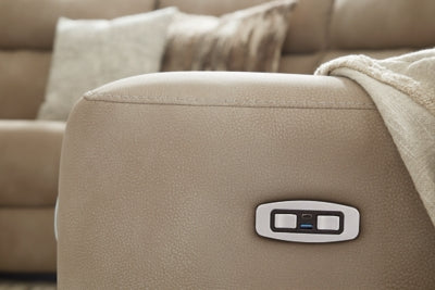 Ashley Furniture Next-Gen DuraPella Power Reclining Sectional with USB ports, showcasing plush fabric upholstery and reclining features.