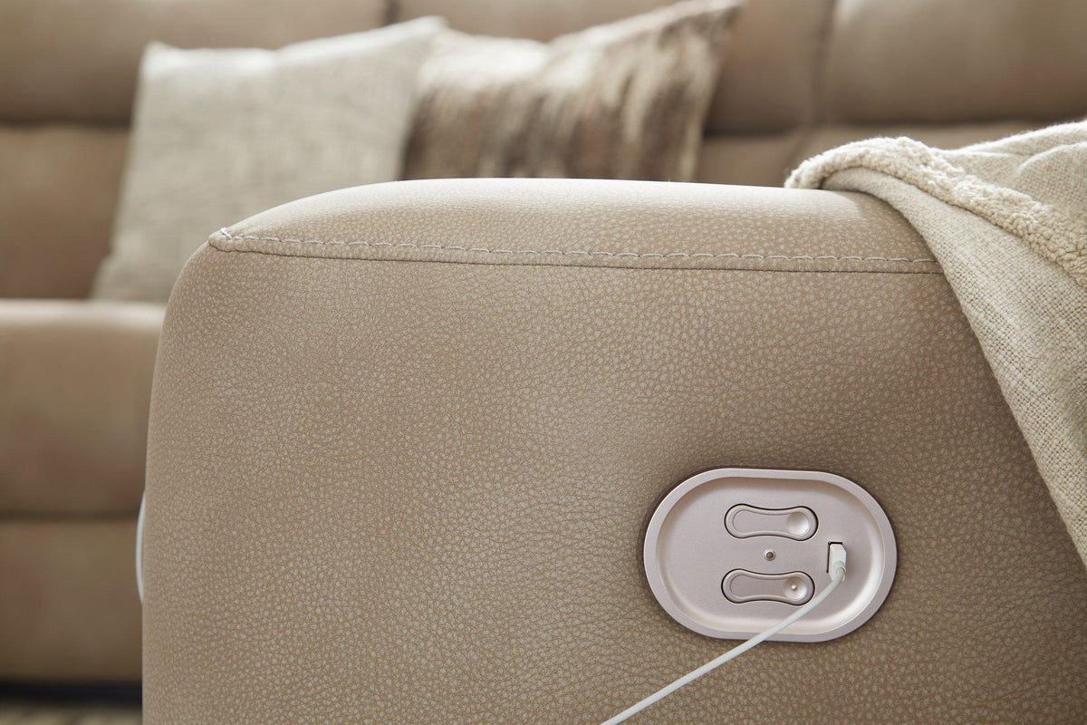 Ashley Furniture Next-Gen DuraPella Power Reclining Sectional Loveseat with built-in console, showing plush cushions and reclining seats.