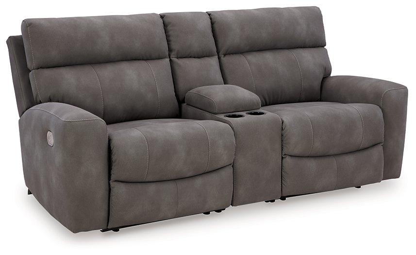 Ashley Furniture Next-Gen DuraPella power reclining sectional loveseat with console, showing plush cushions and reclining features.