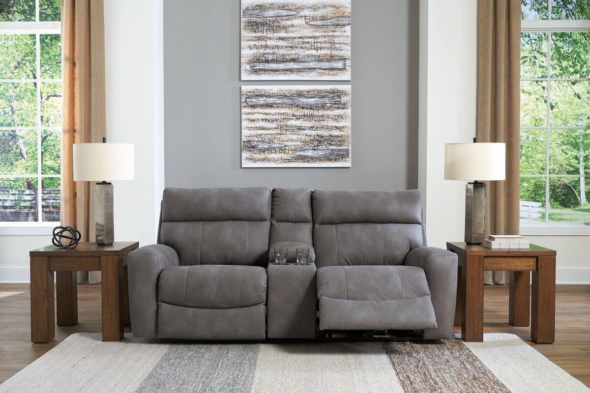 Ashley Furniture Next-Gen DuraPella power reclining sectional loveseat with console, showcasing plush fabric and modern design.