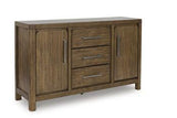 Ashley Furniture Cabalynn dining server with wood finish, featuring multiple drawers and shelves for stylish storage.