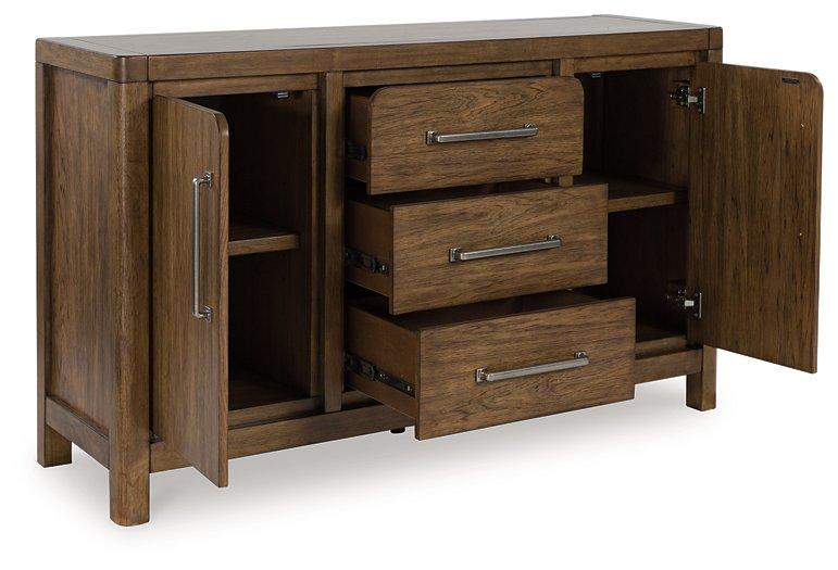 Cabalynn dining server by Ashley Furniture featuring wood finish, storage drawers, and open shelving for dining room organization.