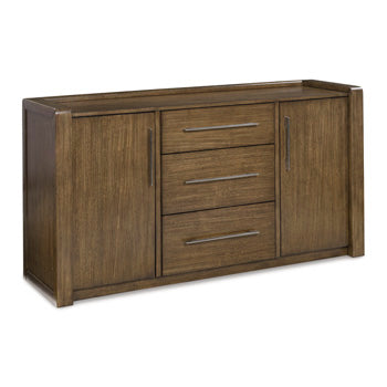 Ashley Furniture Marxmore dining server with open shelves and closed storage, featuring a sleek dark wood finish.