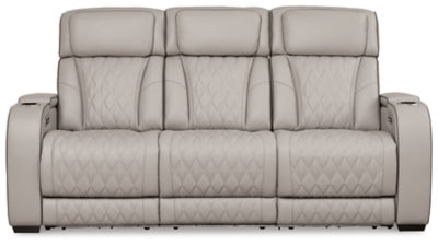 Boyington Power Reclining Sofa by Ashley Furniture, showing the comfortable, plush fabric upholstery and reclining mechanism from a head-on view.