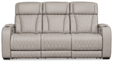 Boyington Power Reclining Sofa by Ashley Furniture, showing the comfortable, plush fabric upholstery and reclining mechanism from a head-on view.