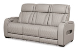 Ashley Furniture Boyington Power Reclining Sofa, shown from an angled view, featuring plush cushions and dark upholstery.