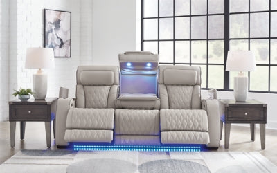 Ashley Furniture Boyington power reclining sofa with plush cushions and dark upholstery, showcasing its comfortable, modern design.