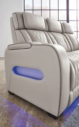 Ashley Furniture Boyington Power Reclining Sofa showing side detail with plush cushions and reclining mechanism.