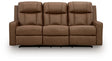 Ashley Furniture Mackmenville Reclining Sofa with plush cushions and wood accents, shown from a front head-on view.