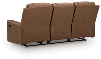 Ashley Furniture Mackmenville reclining sofa with plush cushions and dark brown upholstery, shown from the back view.