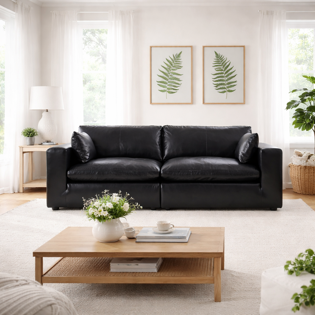 Brown Ashley Furniture Atlas Reserve Modular Sofa in a two-piece configuration, showcasing plush cushions and contemporary design.
