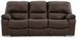 Ashley Furniture Leesworth power reclining sofa with plush fabric, padded armrests, and built-in recline mechanism, shown head-on.
