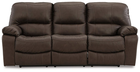 Ashley Furniture Leesworth power reclining sofa with plush fabric, padded armrests, and built-in recline mechanism, shown head-on.