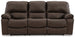 Ashley Furniture Leesworth power reclining sofa with plush fabric, padded armrests, and built-in recline mechanism, shown head-on.