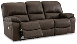 Ashley Furniture Leesworth power reclining sofa, open angle view showing plush upholstery and reclining mechanism in a modern living room setting.