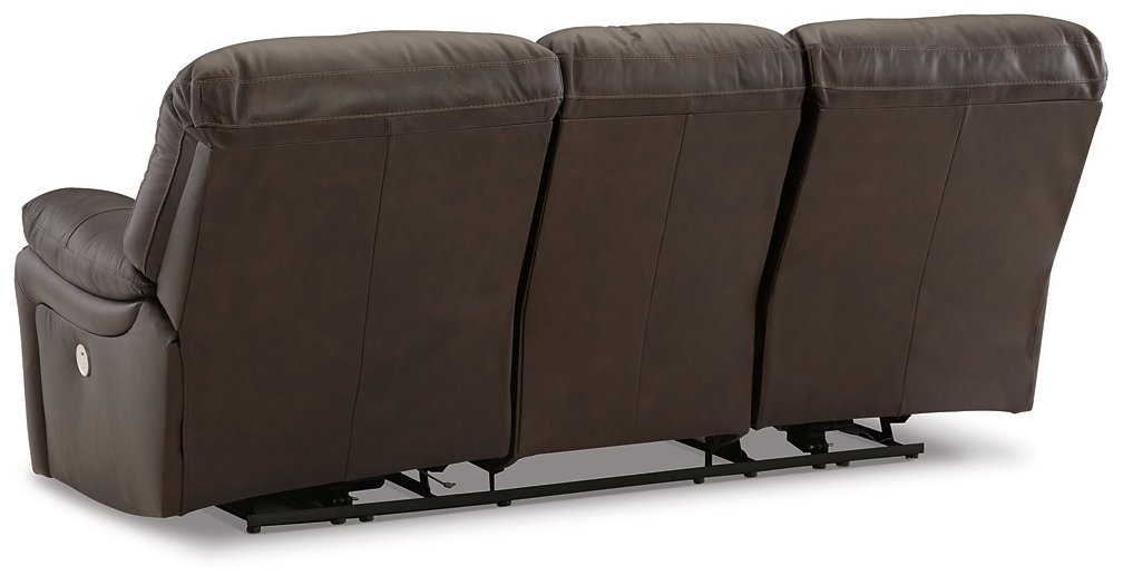 Ashley Furniture Leesworth Power Reclining Sofa with plush cushions and reclining features, shown from the back view.