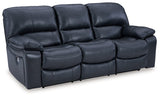 Ashley Furniture Leesworth power reclining sofa with plush cushions, dark upholstery, and built-in reclining features, shown from an angle.