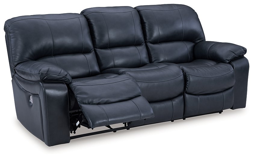 Ashley Furniture Leesworth power reclining sofa shown from an angle with open recline, featuring plush cushions and a modern design.