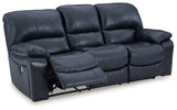 Ashley Furniture Leesworth power reclining sofa shown from an angle with open recline, featuring plush cushions and a modern design.