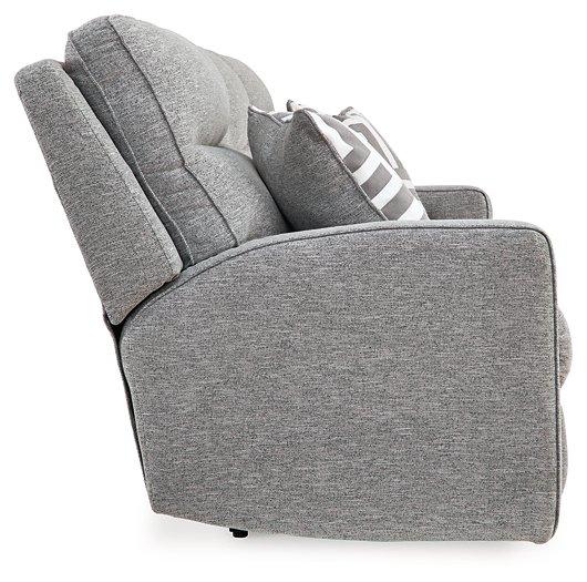 Ashley Furniture Biscoe Power Reclining Sofa in gray fabric with plush cushions and padded armrests.