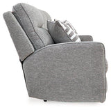 Ashley Furniture Biscoe Power Reclining Sofa in gray fabric with plush cushions and padded armrests.
