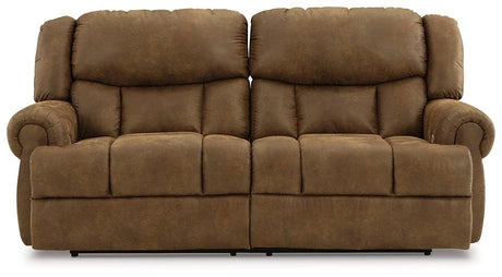 Ashley Furniture Boothbay Power Reclining Sofa with plush cushions and dark fabric upholstery, perfect for relaxing in style.