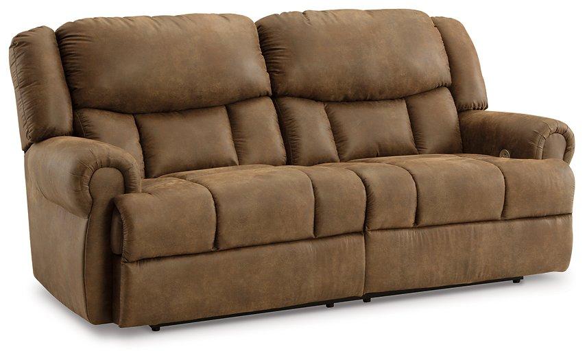 Ashley Furniture Boothbay power reclining sofa with plush cushions and dark upholstery, designed for comfort and stylish relaxation.