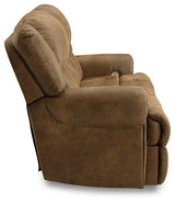Ashley Furniture Boothbay power reclining sofa with plush cushions and dark upholstery, perfect for relaxing living room seating.