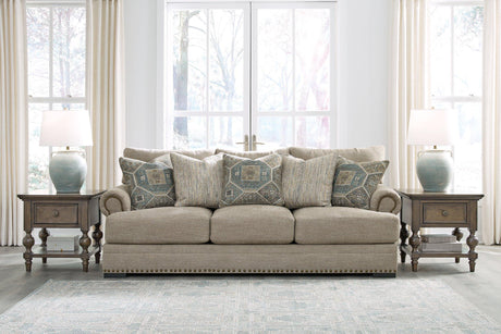Ashley Furniture Galemore Sofa with plush fabric, wide armrests, and neutral color, perfect for modern living rooms.