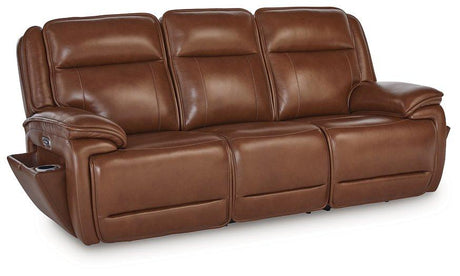 Ashley Furniture Healy Pier Power Reclining Sofa with plush cushions and leather upholstery, showcasing a modern living room setup