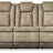 Next-Gen DuraPella Power Reclining Sofa by Ashley Furniture, showing plush gray fabric, padded armrests, and reclining seats.