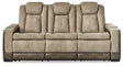 Next-Gen DuraPella Power Reclining Sofa by Ashley Furniture, showing plush gray fabric, padded armrests, and reclining seats.