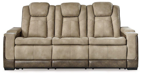 Next-Gen DuraPella Power Reclining Sofa by Ashley Furniture, showing plush gray fabric, padded armrests, and reclining seats.