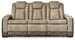 Next-Gen DuraPella Power Reclining Sofa by Ashley Furniture, showing plush gray fabric, padded armrests, and reclining seats.