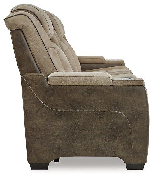Ashley Furniture Next-Gen DuraPella Power Reclining Sofa showing plush fabric upholstery and reclining mechanism for comfortable relaxation.