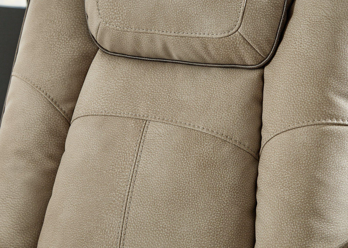 Ashley Furniture Next-Gen DuraPella power reclining sofa with plush cushions and modern design, shown in a living room setting.