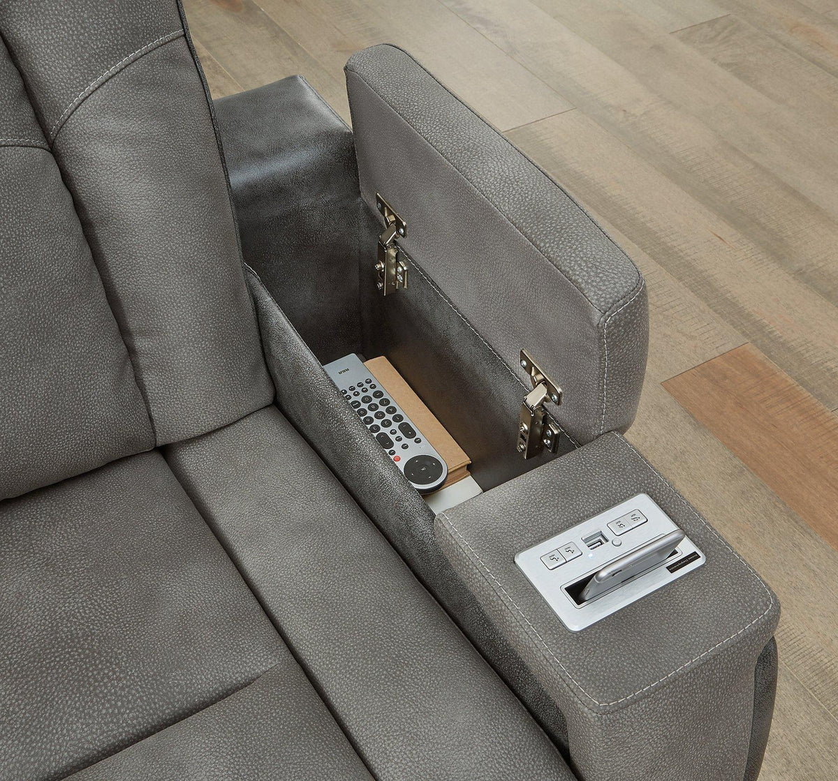 Ashley Furniture Next-Gen DuraPella Power Reclining Sofa with plush cushions and reclining seats in a modern living room setting.